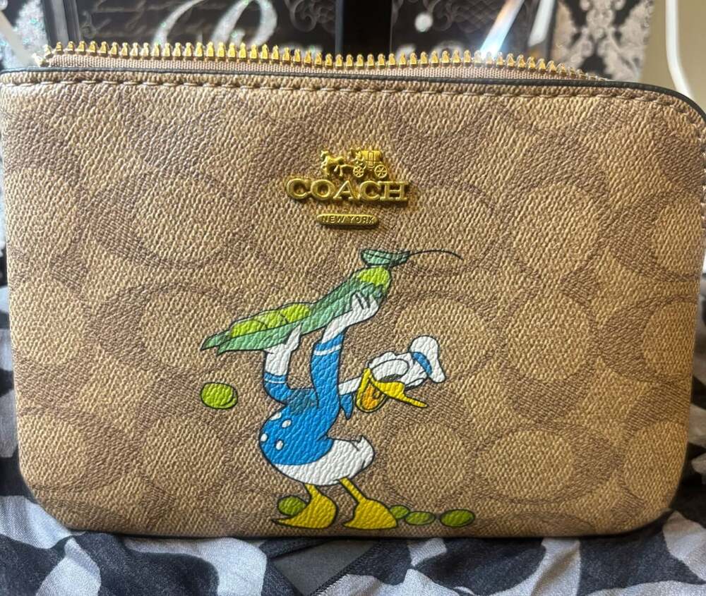 Coach Disney Donald Duck Signature Canvas Corner Zip Wristlet